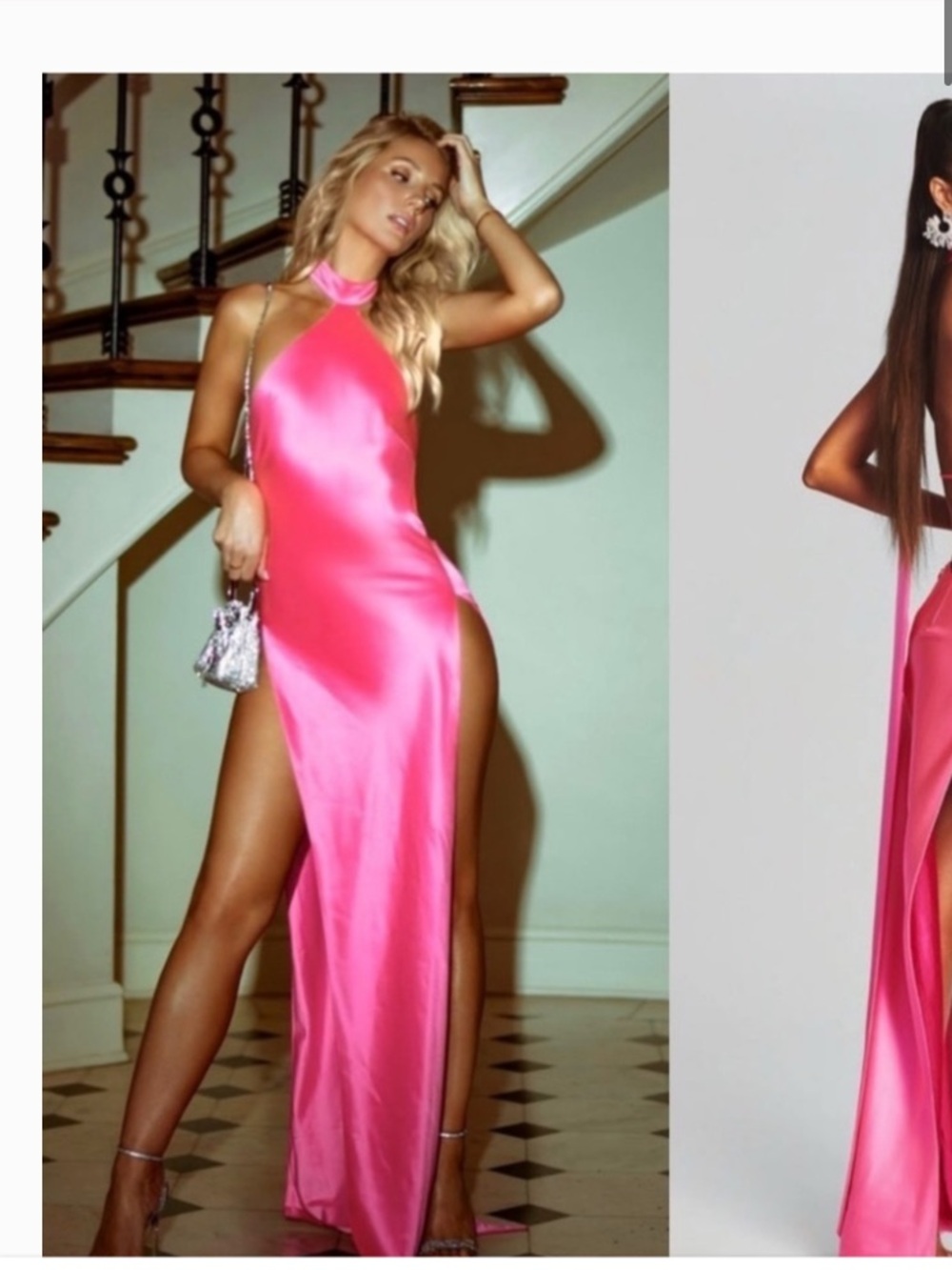 Retrofete Hot Pink Satin Halter Maxi Dress with High Slit XS